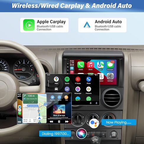 2+64G Android Car Stereo for Jeep Wrangler 2007-2010 (4 Door) - Wireless Carplay & Android Auto - 9 Inch Touchscreen Radio with EQ DSP, GPS, WiFi, FM/RDS + AHD Rear View Camera in Kuwait