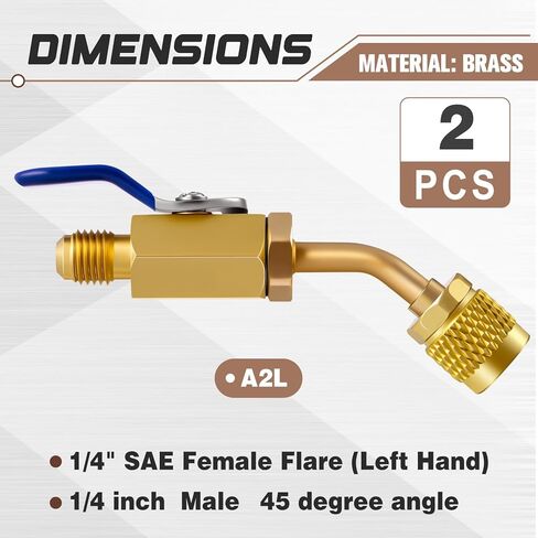 2 Pcs A2L Refrigerant Adapter 1/4" Female Flare x 1/4" Male Flare Ball Valve Hose Adapter Brass Compact HVAC Low Loss Fittings for Left Handed A2L R-32 R-454B Refrigerant Tanks, Yellow in Kuwait
