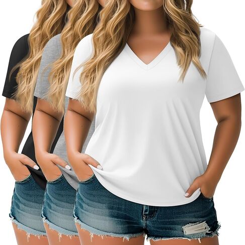 Neer 3 Pack Women's Plus tirts tirts Short Sleeve V Tops Rick Tops Solid Flat End Basic Lourd Soulding Tees in Saudi Arabia