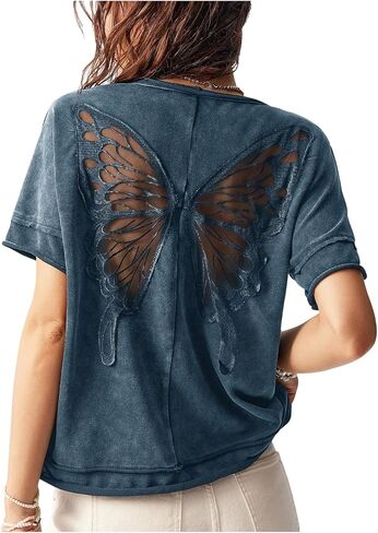 Milumia Women's Butterfly Cut Out Back T-Shirt Short Sleeve Vintage Loose Tee Tops Streetwear in Saudi Arabia