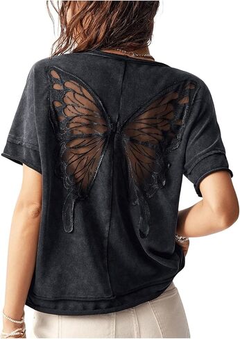 Milumia Women's Butterfly Cut Out Back T-Shirt Short Sleeve Vintage Loose Tee Tops Streetwear in Saudi Arabia