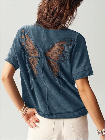Milumia Women's Butterfly Cut Out Back T-Shirt Short Sleeve Vintage Loose Tee Tops Streetwear in Saudi Arabia