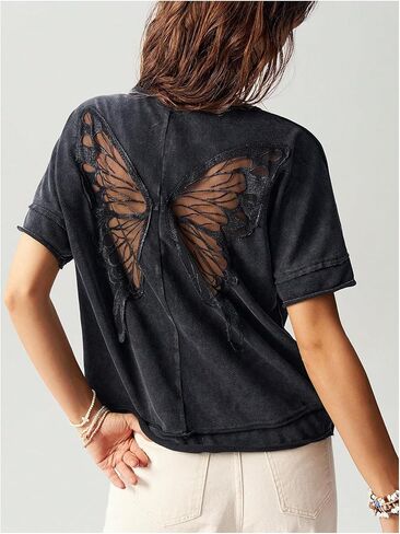 Milumia Women's Butterfly Cut Out Back T-Shirt Short Sleeve Vintage Loose Tee Tops Streetwear in Saudi Arabia