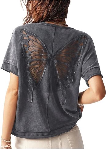 Milumia Women's Butterfly Cut Out Back T-Shirt Short Sleeve Vintage Loose Tee Tops Streetwear in Saudi Arabia