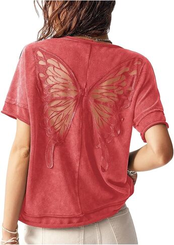 Milumia Women's Butterfly Cut Out Back T-Shirt Short Sleeve Vintage Loose Tee Tops Streetwear in Saudi Arabia