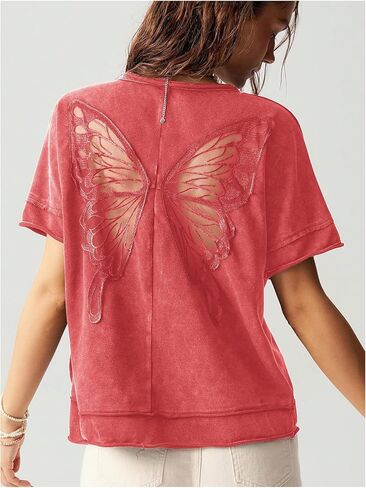 Milumia Women's Butterfly Cut Out Back T-Shirt Short Sleeve Vintage Loose Tee Tops Streetwear in Saudi Arabia