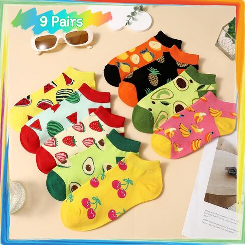Jspupifip 9 Pairs Fun Ankle Socks for Women, Cartoon No Show Sock for Girls Lady Cute Fruit Design Size 8-10 in Saudi Arabia