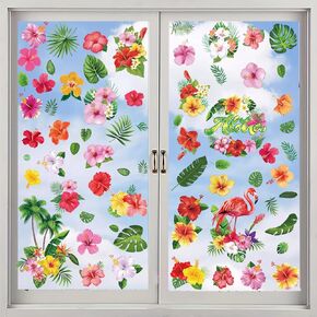 HOWAF 90+PCS Hibiscus Window Clings Stickers Hawaiian Aloha Palm Leaves Double-Sided Window Decals for Glass,9 Sheets Summer Windows Decals for Luau Tiki Beach Pool Party Supplies Home Office in Saudi Arabia