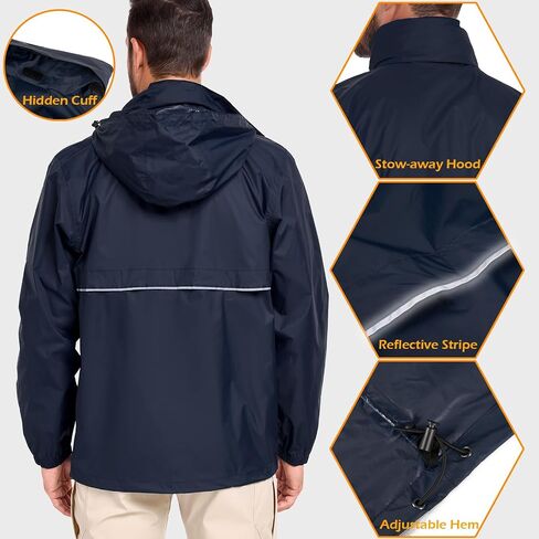 MANSDOUR Men's Packable Rain Jacket Waterproof Lightweight Windbreaker Cycling Golf Hiking Reflective Raincoat with Hood in Saudi Arabia