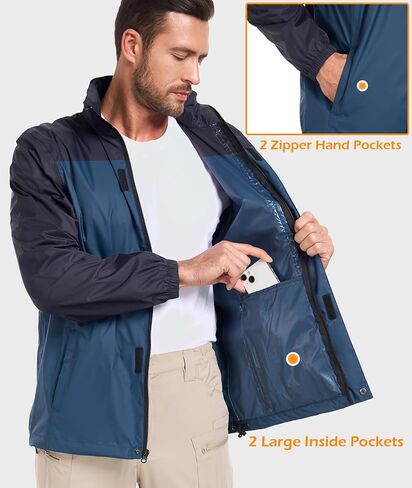 MANSDOUR Men's Packable Rain Jacket Waterproof Lightweight Windbreaker Cycling Golf Hiking Reflective Raincoat with Hood in Kuwait