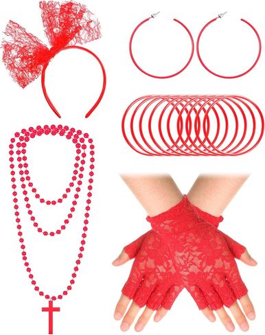 Blulu 80s Fancy Dress Costume Accessories Lace Headband Earrings Fishnet Gloves Necklace Bracelet for 80s Retro Party in Saudi Arabia