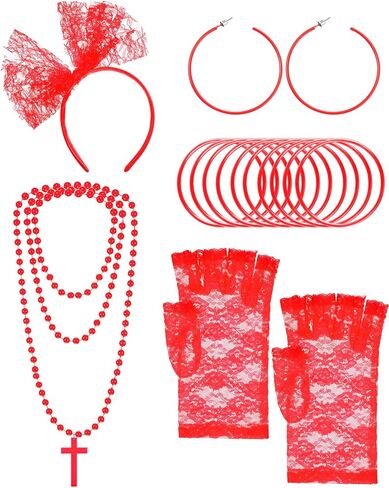 Blulu 80s Fancy Dress Costume Accessories Lace Headband Earrings Fishnet Gloves Necklace Bracelet for 80s Retro Party in Saudi Arabia
