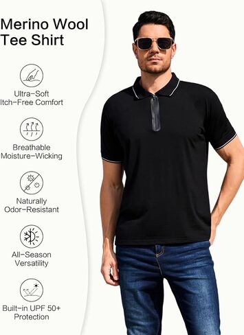 قمصان بولو من الصوف ميرينو للرجال من أجل العمل الرياضي ، ورطوبة خفيفة الوزن فتل القميص البولو قميص قصير الأكمام in Kuwait