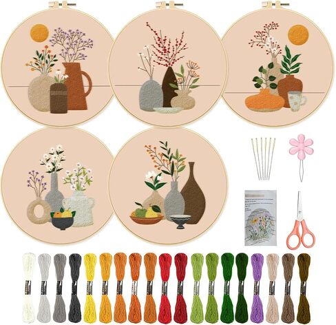 Origach 4 Pack Moon Moon Tembroidery Kits للمبتدئين ، مجموعة تطريز يدوي DIY مع أنماط وتعليمات Cat Moon Floral ، طقم تطريز النمط للبالغين للبالغين صياغة in Kuwait