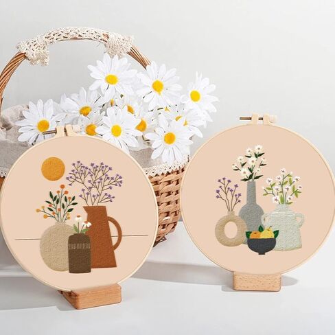 Origach 4 Pack Moon Moon Tembroidery Kits للمبتدئين ، مجموعة تطريز يدوي DIY مع أنماط وتعليمات Cat Moon Floral ، طقم تطريز النمط للبالغين للبالغين صياغة in Kuwait