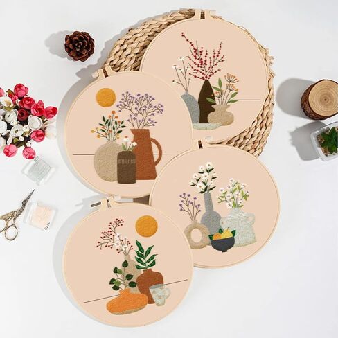 Origach 4 Pack Moon Moon Tembroidery Kits للمبتدئين ، مجموعة تطريز يدوي DIY مع أنماط وتعليمات Cat Moon Floral ، طقم تطريز النمط للبالغين للبالغين صياغة in Kuwait