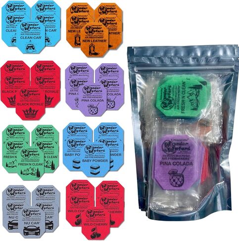 Wonder Wafers 40 Pack Car Air Criteners- 8 رائحة حزمة حزمة متنوعة: سيارة NU ، سيارة نظيفة ، جلد جديد ، الكرز البري ، Royale الأسود ، Pina Colada ، Fresh 'N Clean ، Baby Powder ، 5 ملفوف بشكل فردي لكل منهما in Saudi Arabia