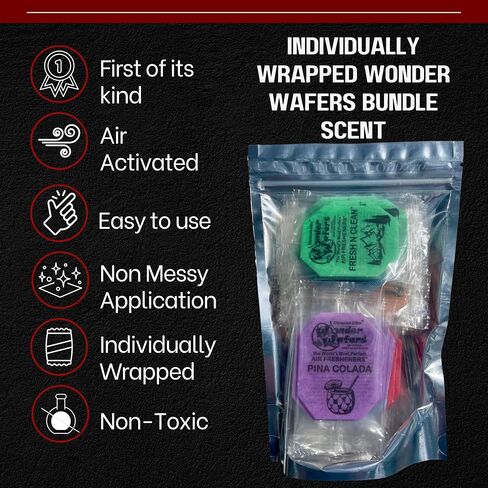 Wonder Wafers 40 Pack Car Air Criteners- 8 رائحة حزمة حزمة متنوعة: سيارة NU ، سيارة نظيفة ، جلد جديد ، الكرز البري ، Royale الأسود ، Pina Colada ، Fresh 'N Clean ، Baby Powder ، 5 ملفوف بشكل فردي لكل منهما in Saudi Arabia
