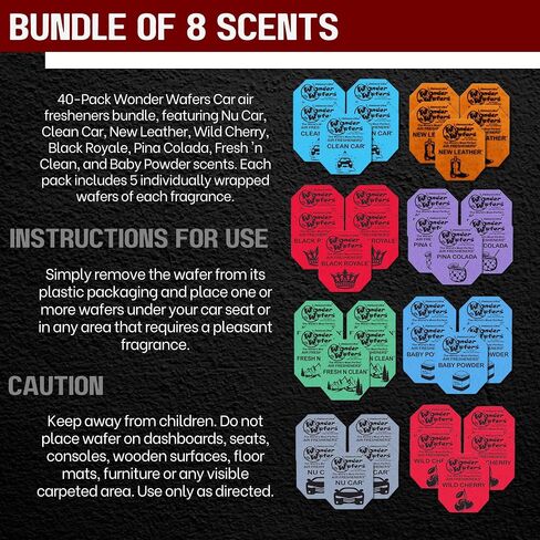 Wonder Wafers 40 Pack Car Air Criteners- 8 رائحة حزمة حزمة متنوعة: سيارة NU ، سيارة نظيفة ، جلد جديد ، الكرز البري ، Royale الأسود ، Pina Colada ، Fresh 'N Clean ، Baby Powder ، 5 ملفوف بشكل فردي لكل منهما in Saudi Arabia