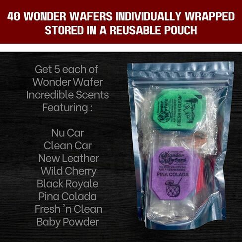 Wonder Wafers 40 Pack Car Air Criteners- 8 رائحة حزمة حزمة متنوعة: سيارة NU ، سيارة نظيفة ، جلد جديد ، الكرز البري ، Royale الأسود ، Pina Colada ، Fresh 'N Clean ، Baby Powder ، 5 ملفوف بشكل فردي لكل منهما in Saudi Arabia