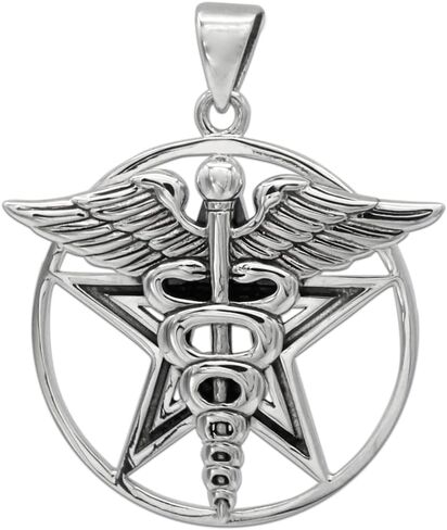 قلادة Moonlight Mysteries Master المعالجين - Caduceus ، قضيب Asclepius ، و Pentacle - المجوهرات الشفاء الفضية الاسترليني للنساء والرجال in Saudi Arabia