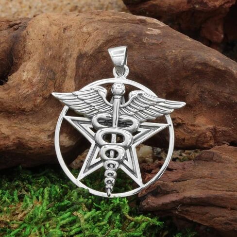قلادة Moonlight Mysteries Master المعالجين - Caduceus ، قضيب Asclepius ، و Pentacle - المجوهرات الشفاء الفضية الاسترليني للنساء والرجال in Saudi Arabia