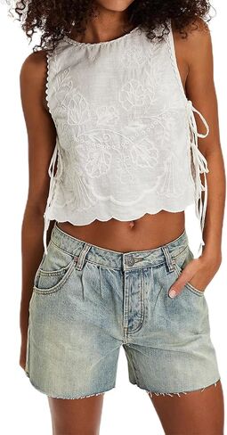 Embroidery Flower Tank Tops for Women Y2K Sleeveless Square Neck Tie Up Cropped Vest Summer Chic Going Out Blouse in Saudi Arabia