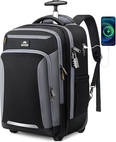 Matein Rolling Backpack مع عجلات ، فإن حقيبة الكتب المعتمدة من طيران مكافحة السرقة تناسب 17 "كمبيوتر محمول ، أسود حمل على حقيبة سفر في مدرسة كوليدج ذات الأمتعة مع ميناء USB للرجال ، الأسود in Kuwait