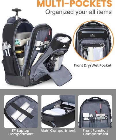 Matein Rolling Backpack مع عجلات ، فإن حقيبة الكتب المعتمدة من طيران مكافحة السرقة تناسب 17 "كمبيوتر محمول ، أسود حمل على حقيبة سفر في مدرسة كوليدج ذات الأمتعة مع ميناء USB للرجال ، الأسود in Kuwait