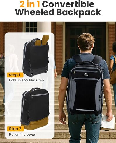 Matein Rolling Backpack مع عجلات ، فإن حقيبة الكتب المعتمدة من طيران مكافحة السرقة تناسب 17 "كمبيوتر محمول ، أسود حمل على حقيبة سفر في مدرسة كوليدج ذات الأمتعة مع ميناء USB للرجال ، الأسود in Kuwait