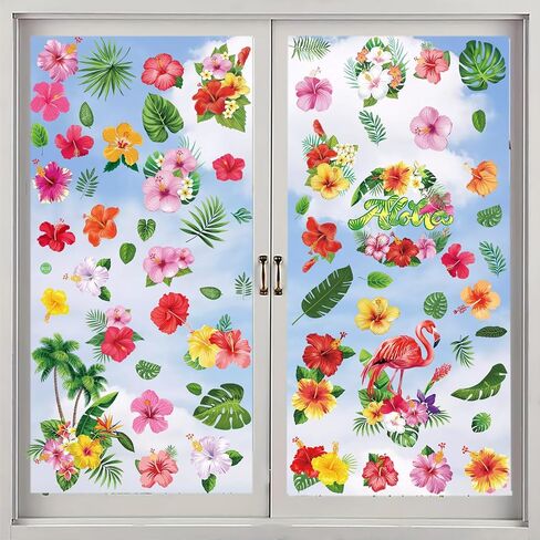 HOWAF 90+PCS Hibiscus Window Clings Stickers Hawaiian Aloha Palm Leaves Double-Sided Window Decals for Glass,9 Sheets Summer Windows Decals for Luau Tiki Beach Pool Party Supplies Home Office in Saudi Arabia