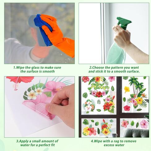 HOWAF 90+PCS Hibiscus Window Clings Stickers Hawaiian Aloha Palm Leaves Double-Sided Window Decals for Glass,9 Sheets Summer Windows Decals for Luau Tiki Beach Pool Party Supplies Home Office in Saudi Arabia