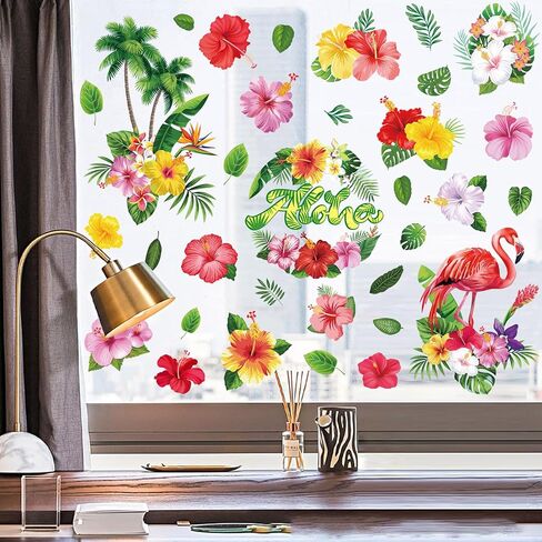 HOWAF 90+PCS Hibiscus Window Clings Stickers Hawaiian Aloha Palm Leaves Double-Sided Window Decals for Glass,9 Sheets Summer Windows Decals for Luau Tiki Beach Pool Party Supplies Home Office in Saudi Arabia
