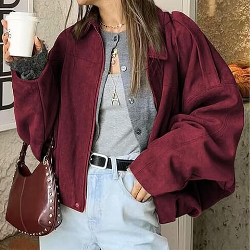 Faux Suede Jacket Women Oversized Long Sleeve Zip Up Epaulet Bomber Leather Jackets Oversized Casual Coat in Saudi Arabia