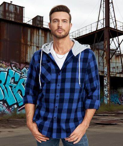 SWISSWELL Mens Flannel Hoodie Shirts Long Sleeve Fashion Plaid Jackets Button Down Shirts in Kuwait