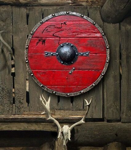 Medieval Round Viking Shield Red Ragnar Lothbrok Authentic Battleworn Shield Wood & Iron 24 inches Shield for Wall Decor & Cosplay in Saudi Arabia