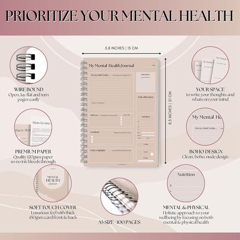 Mental Health Journal, A5 Rainbow, Daily Gratitude, Self Care, Intentions, Affirmations, Nutrition, Annual Tracker, Mood Tracker, Goals & Reflections in Kuwait