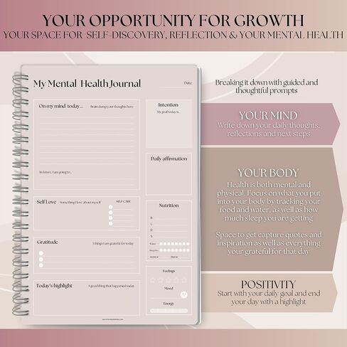Mental Health Journal, A5 Rainbow, Daily Gratitude, Self Care, Intentions, Affirmations, Nutrition, Annual Tracker, Mood Tracker, Goals & Reflections in Kuwait