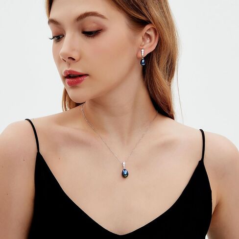 Pearl Necklace and Earrings Set, Saltwater/Freshwater Cultured Pearl 9-10mm, 925 Sterling Silver Drop Set with CZ Diamonds, Luxury Jewelry Gifts for Wife, Mom, Girlfriend in Kuwait