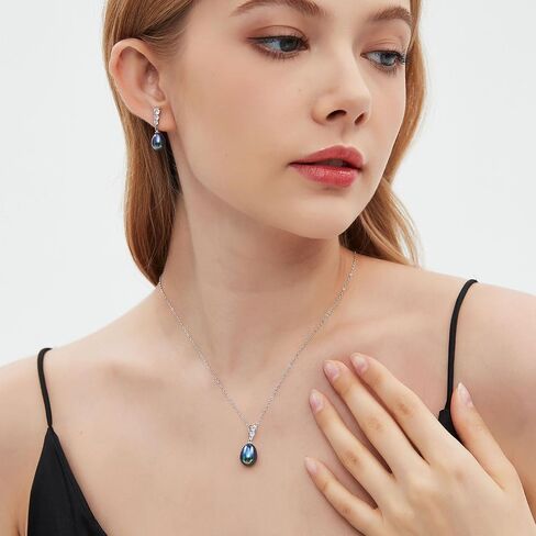 Pearl Necklace and Earrings Set, Saltwater/Freshwater Cultured Pearl 9-10mm, 925 Sterling Silver Drop Set with CZ Diamonds, Luxury Jewelry Gifts for Wife, Mom, Girlfriend in Kuwait