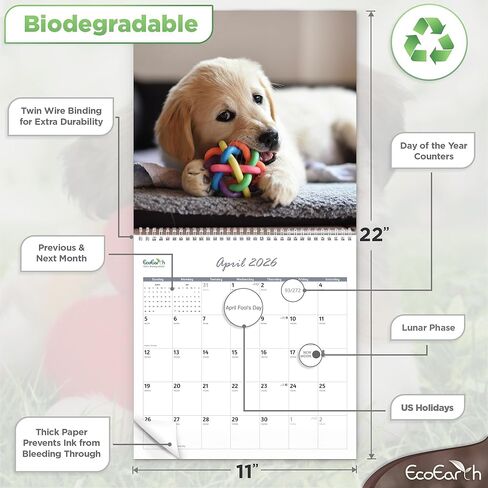 EcoEarth - Biodegradable 11x22 Inch (Open) 12-Month Vertical Hanging Wall Calendar - 2025 Monthly Calendar - Cute Puppies in Kuwait