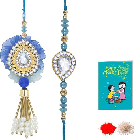 Bhaiya Bhabhi Rakhis مجموعة مع Roli Chawal Pack و Carding Card - Rakhi for Brother and Bhabhi - Lumba Rakhi for Bhabhi ، Lumba Rakhi in Saudi Arabia