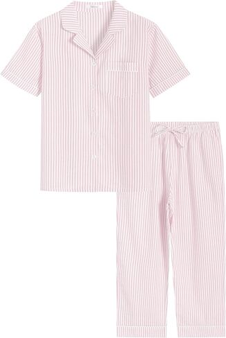 Latuza Women's Seersucker Capri Pajama Set Cotton Button Up Top Capris PJ Set in Saudi Arabia