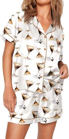 cochineal Women Cute Bow Pajama Shorts Set Y2k Silk 2 Piece Short Sleeve Preppy Shirt Pjs Lounge Set Y2k Martini Sleepwear in Saudi Arabia