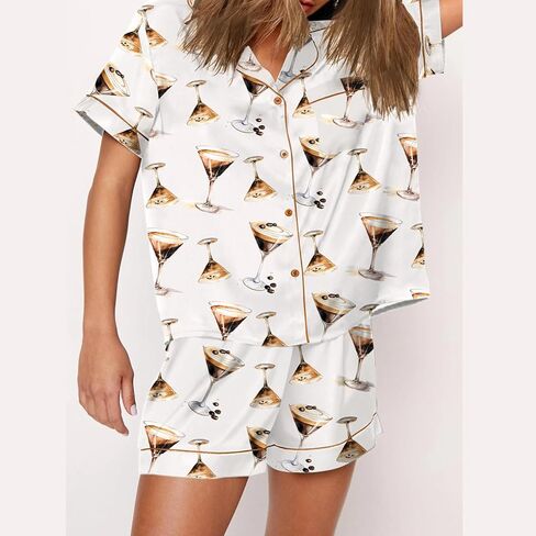 cochineal Women Cute Bow Pajama Shorts Set Y2k Silk 2 Piece Short Sleeve Preppy Shirt Pjs Lounge Set Y2k Martini Sleepwear in Saudi Arabia