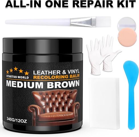 STARTSO WORLD Leather Recoloring Balm 12oz, Repair Kit for Furniture, Dye, Color Restorer for Couches - Repair, Restore & Renew Old, Faded Leather - Medium Brown in Saudi Arabia