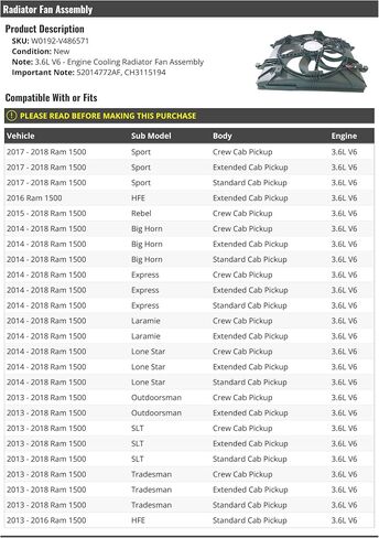 مجموعة مروحة المبرد تبريد المحرك - متوافقة مع 2013-2018 RAM 1500 3.6L V6 in Saudi Arabia