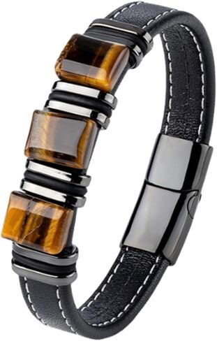 Men's Leather Bracelet Natural Tiger Eye Leather Cuff Bracelet for him,Father's Day Anniversary Jewelry Gifts in Kuwait