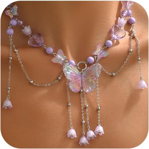 Charm Layered Butterfly Choker Necklaces for Women, Vintage Purple Butterflies Beaded Flower Pendant Tassel Chain Necklace Y2K Jewelry Fairy Aesthetic Gift in Saudi Arabia