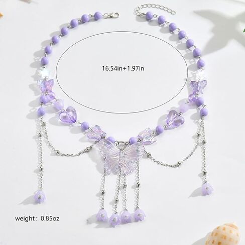 Charm Layered Butterfly Choker Necklaces for Women, Vintage Purple Butterflies Beaded Flower Pendant Tassel Chain Necklace Y2K Jewelry Fairy Aesthetic Gift in Saudi Arabia